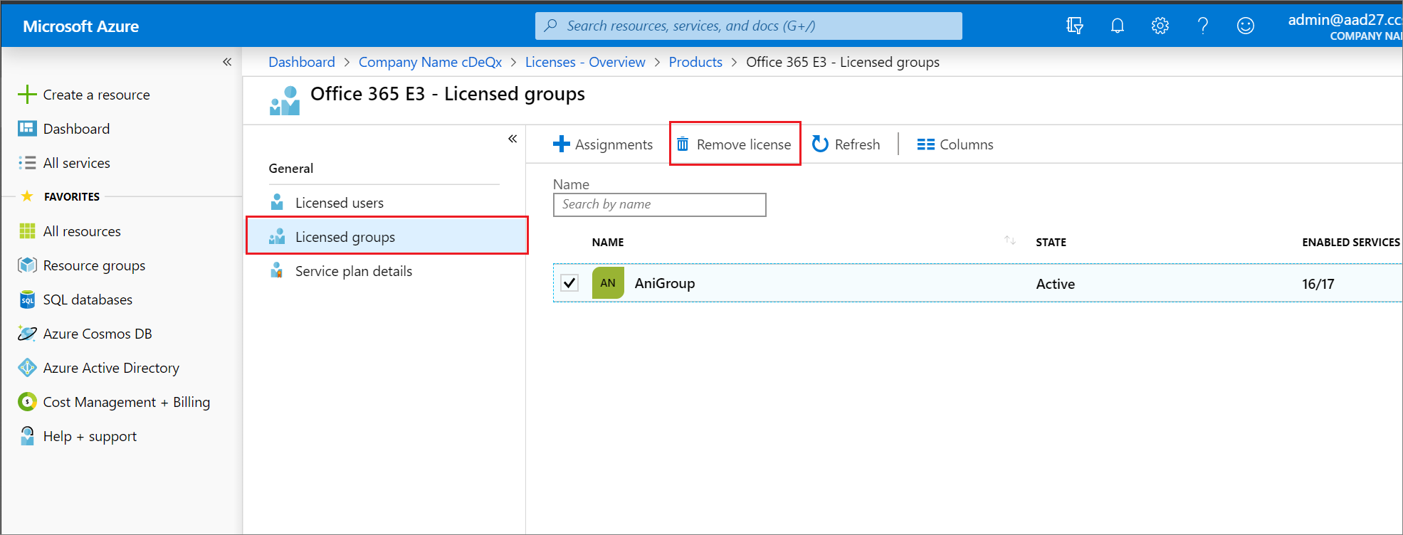 Képernyőkép a Licencelt csoportok lapról a 2. licenc eltávolítása lehetőség kiemelésével.