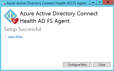 Képernyőkép a Microsoft Entra Csatlakozás Health AD FS-ügynök telepítéséről szóló megerősítési üzenetről.