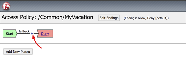 Képernyőkép az APM Visual Policy Editor pluszjel lehetőségéről a tartalék területen.