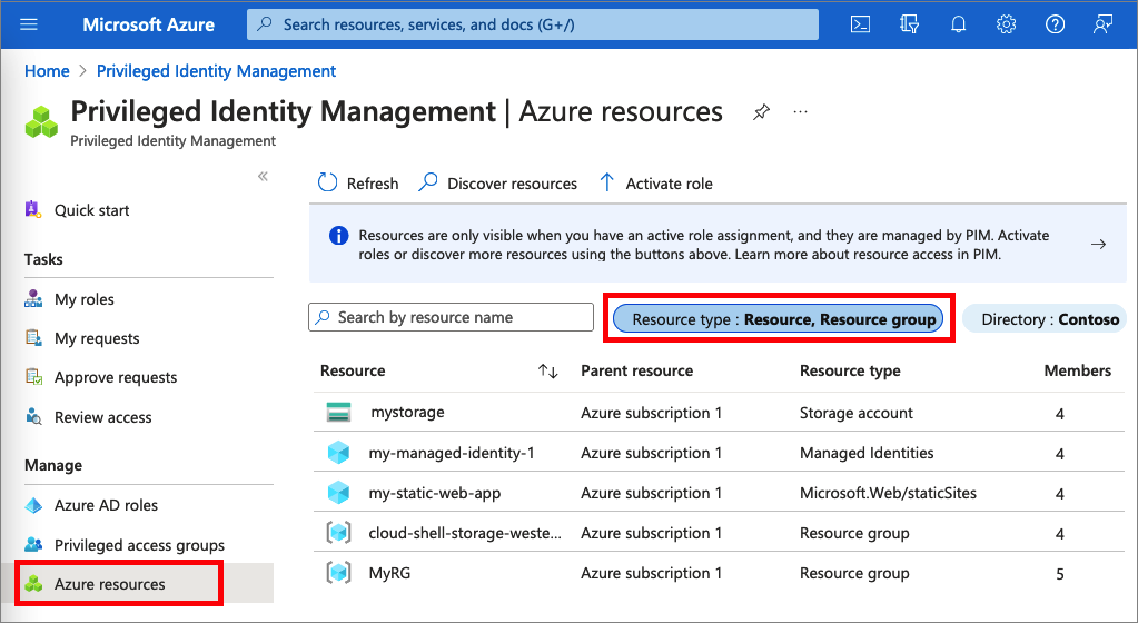 Képernyőkép az Azure-erőforrások kiválasztásáról.