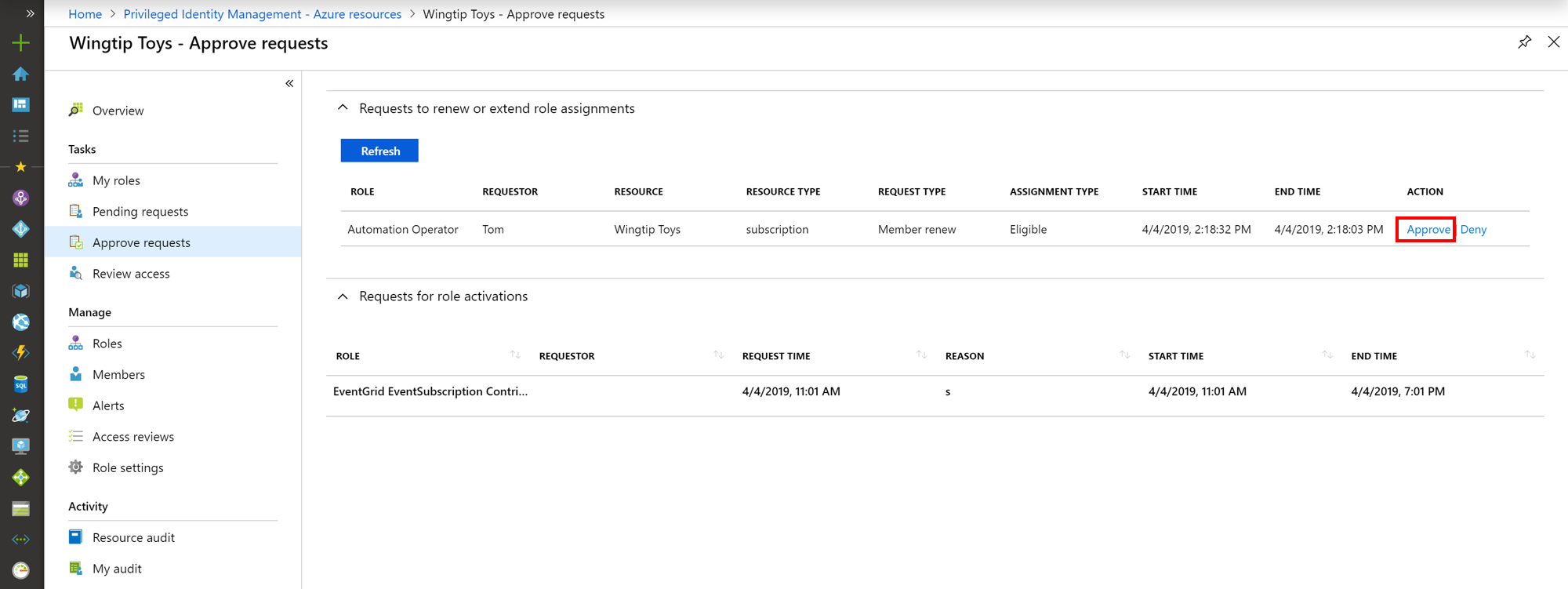 Képernyőkép az Azure-erőforrásokról – A kérelmek lapjának jóváhagyása a jóváhagyásra vagy elutasításra mutató hivatkozásokkal.