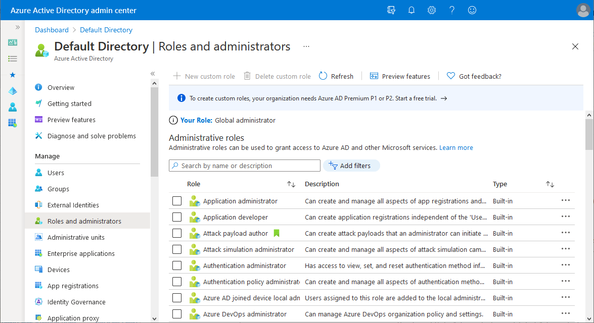 Screenshot of Roles and administrators page in Microsoft Entra ID.