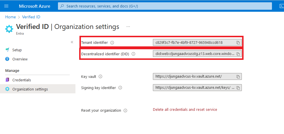 Képernyőkép a szükséges értékek Microsoft Entra Ellenőrzött azonosító való másolásáról.