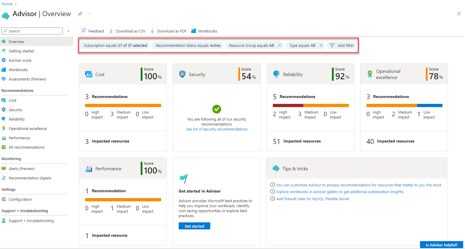 Screenshot of the Azure Advisor opening score page.