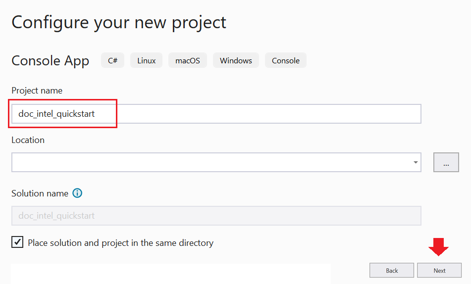 Képernyőkép a Visual Studios új projektkonfigurálási párbeszédpaneléről.
