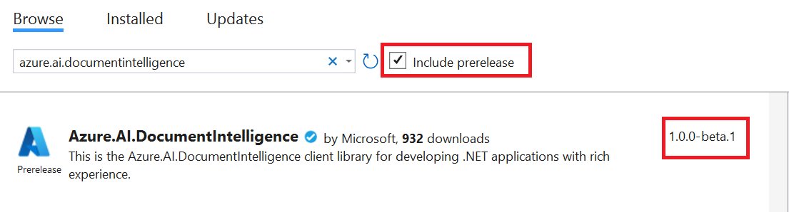 Képernyőkép a Visual Studióban a Document Intelligence előzetes NuGet-csomagjának kiválasztásáról.