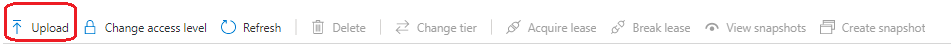 Képernyőkép az Azure Portal tárolófeltöltési gombjáról.