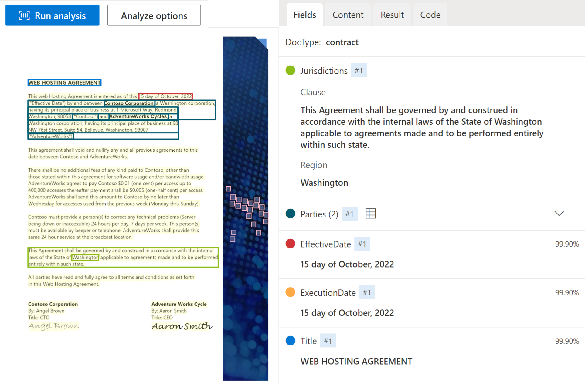 Képernyőkép a szerződésmodell kinyeréséről a Document Intelligence Studióval.