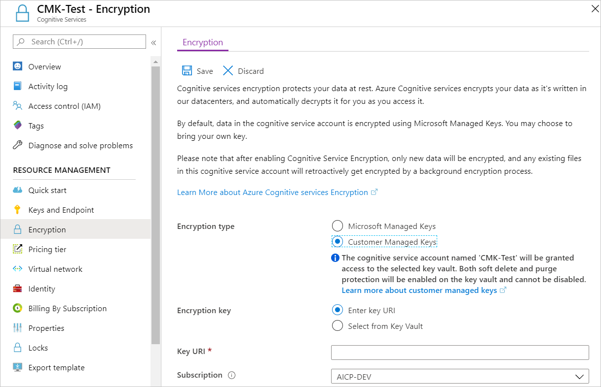 Képernyőkép az Azure AI-szolgáltatások erőforrásának Titkosítási beállítások lapjáról. A Titkosítás típusa területen az Ügyfél által felügyelt kulcsok lehetőség van kiválasztva.