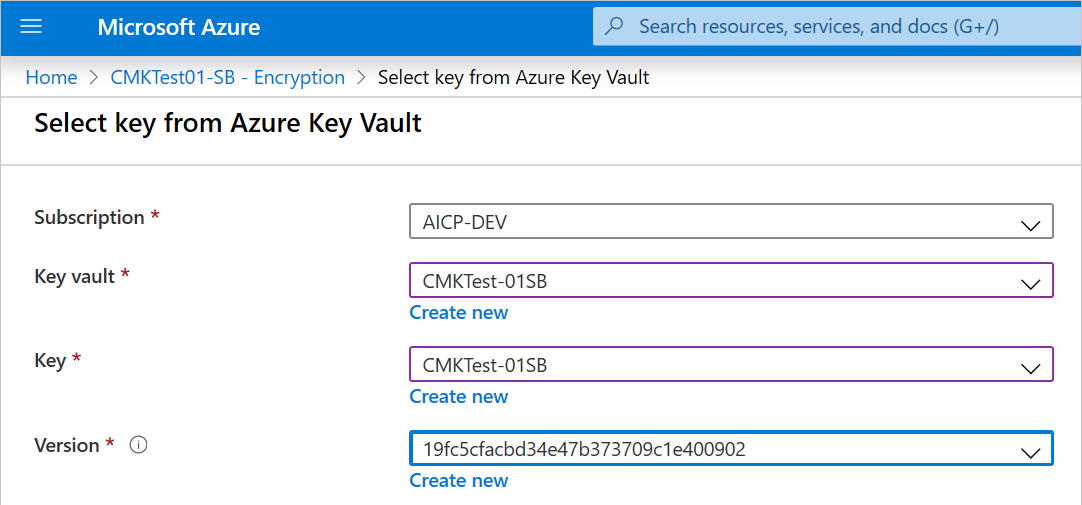 Képernyőkép az Azure Key Vault kulcsválasztási oldaláról az Azure Portalon. Az Előfizetés, a Key Vault, a Kulcs és a Verzió mező értékeket tartalmaz.