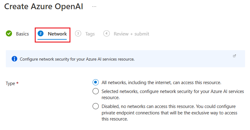 Képernyőkép egy Azure OpenAI-erőforrás hálózati biztonsági beállításairól az Azure Portalon.