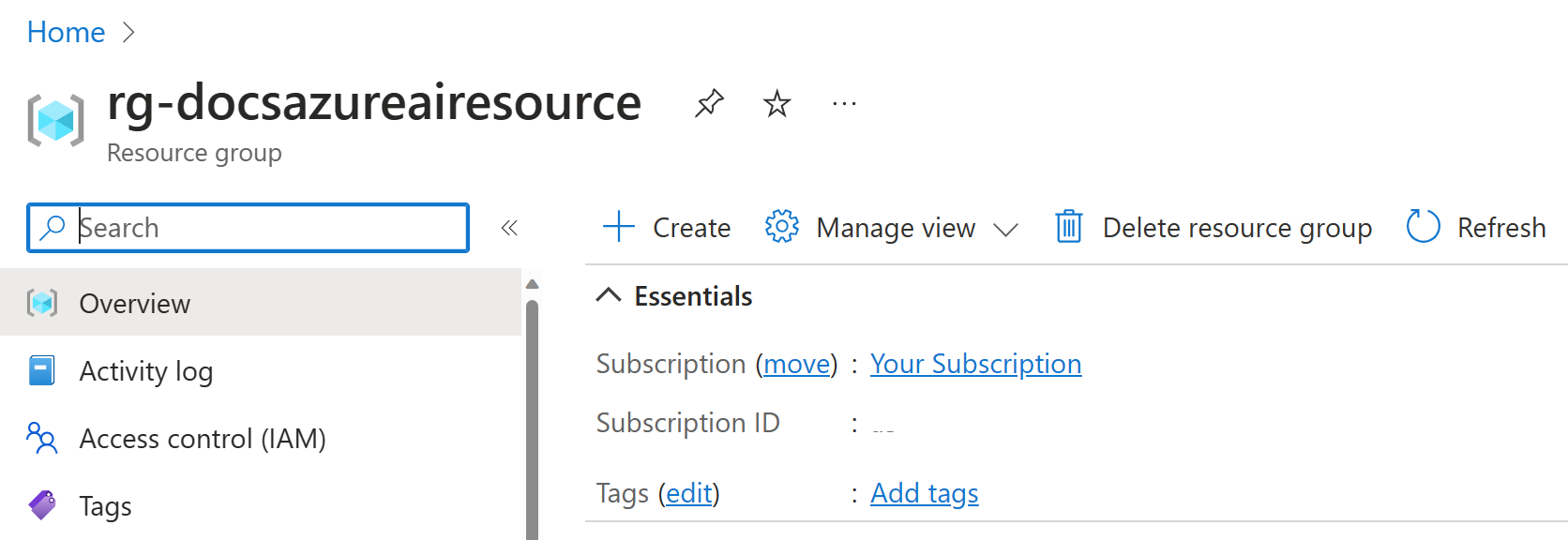 Képernyőkép az Azure Portal erőforráscsoportjáról.