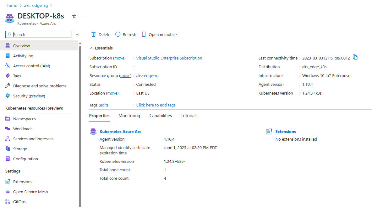 Képernyőkép a fürtről az Azure Portalon