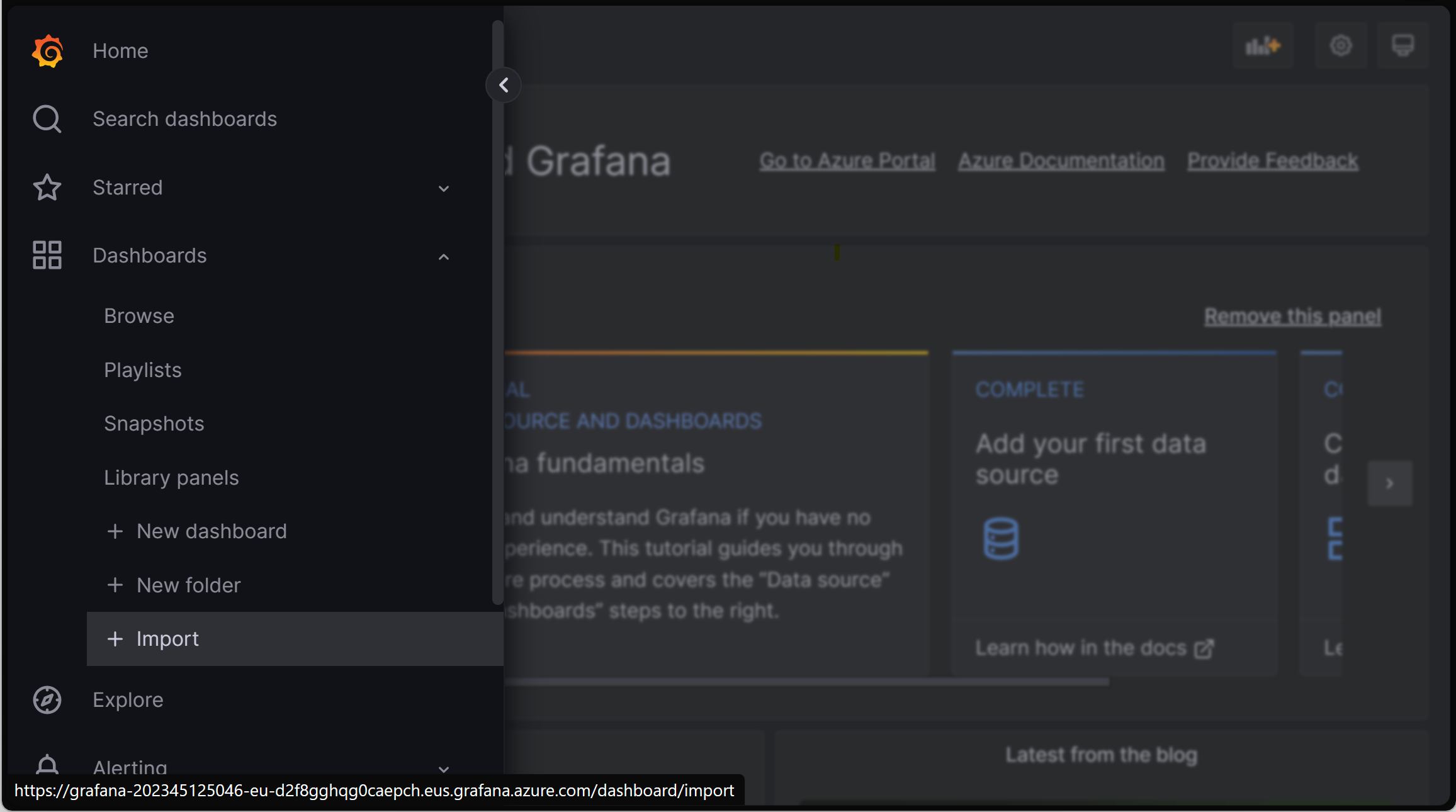 Képernyőkép egy böngészőről, amelyen a Grafana-példány látható, kiemelt Importálás irányítópulttal.
