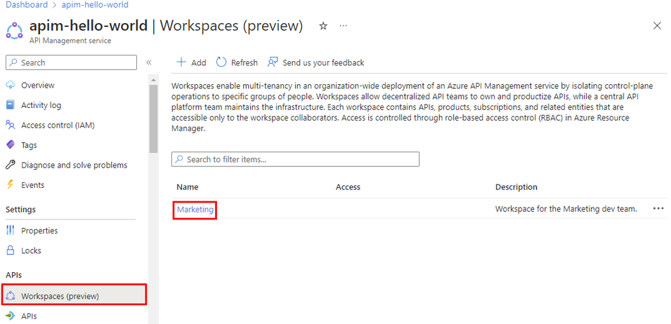 Képernyőkép a munkaterületekről a portál API Management-példányában.