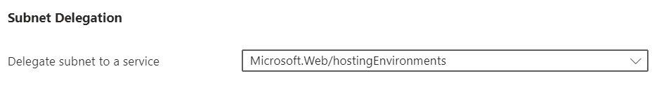 A portálon a Microsoft.Web/hostingEnvironments szolgáltatásra történő alhálózat-delegálás látható képernyőképe.