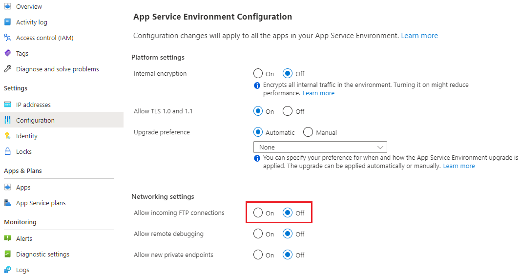 Képernyőkép Azure Portal arról, hogyan konfigurálhatja a App Service Environment bejövő FTP-kapcsolatok engedélyezésére.