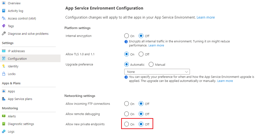 Képernyőkép a Azure Portal arról, hogyan konfigurálhatja a App Service Environment, hogy új privát végpontokat hozzon létre az alkalmazások számára.