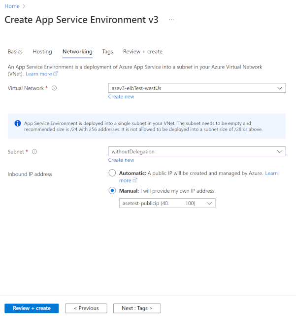 Képernyőkép App Service Environment hálózatkezelés (ASE külső) kiválasztásáról.