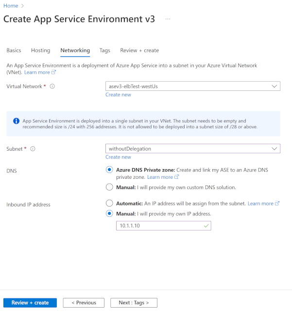 Képernyőkép App Service Environment hálózatkezelés (ASE belső) kiválasztásáról.