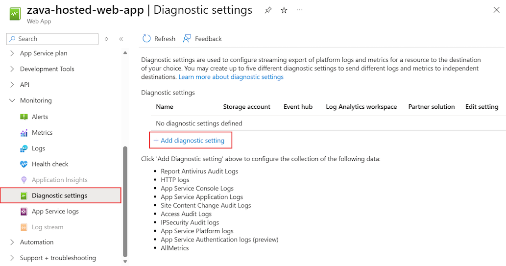 Képernyőkép, amely bemutatja, hogyan válassza az 'Add diagnostic setting' lehetőséget az App Service Environment az Azure portálon.