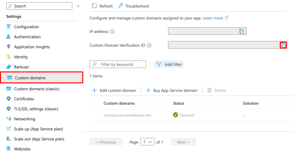Képernyőkép az azonosítóról az Custom Domain Ellenőrzési azonosító mezőben.