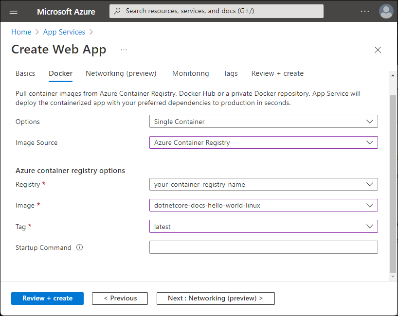 Képernyőkép az Azure Container Registry beállításairól.