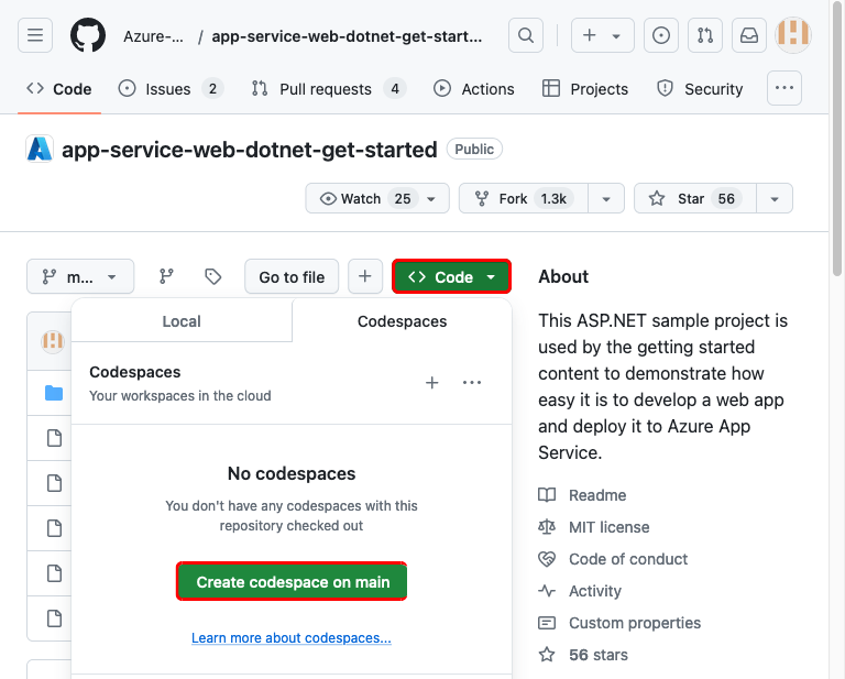 Képernyőkép arról, hogyan hozhat létre kódteret az elágaztatott app-service-web-dotnet-get-started GitHub-adattárban.