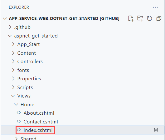 Képernyőkép a böngészőBen a Visual Studio Code Explorer ablakáról, kiemelve az Index.cshtml fájlt az app-service-web-dotnet-get-started adattárban.