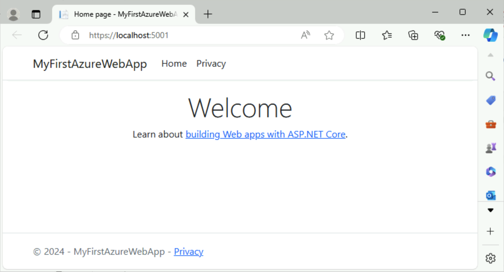 Képernyőkép a Visual Studio Code-ról – ASP.NET Core 7.0 helyi böngészőben.