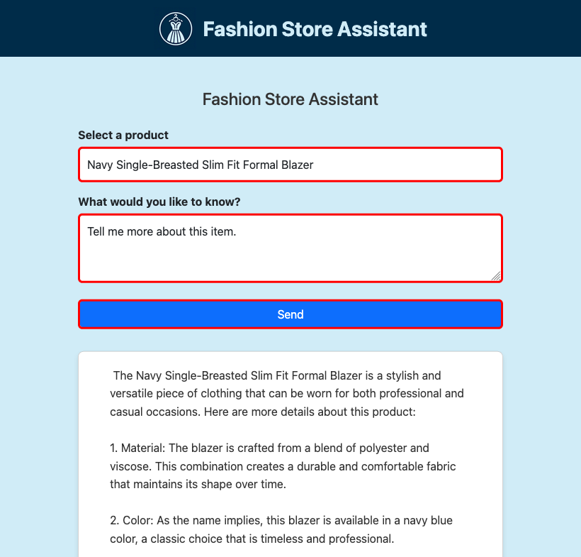 Képernyőkép a böngészőben futó fashion assistant alkalmazásról.
