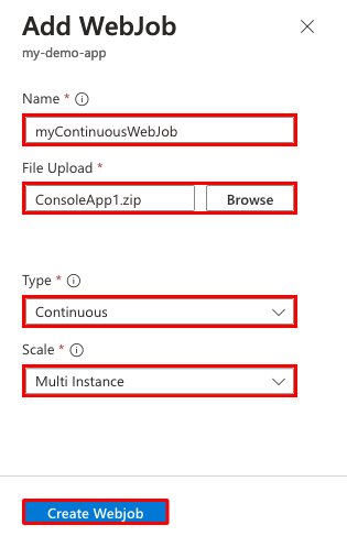 Képernyőkép, amely bemutatja, hogyan konfigurálhat egy mult-instance folyamatos WebJob-feladatot egy App Service-alkalmazáshoz.