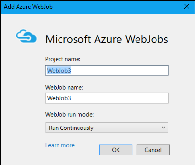 Az Azure WebJob hozzáadása párbeszédpanel