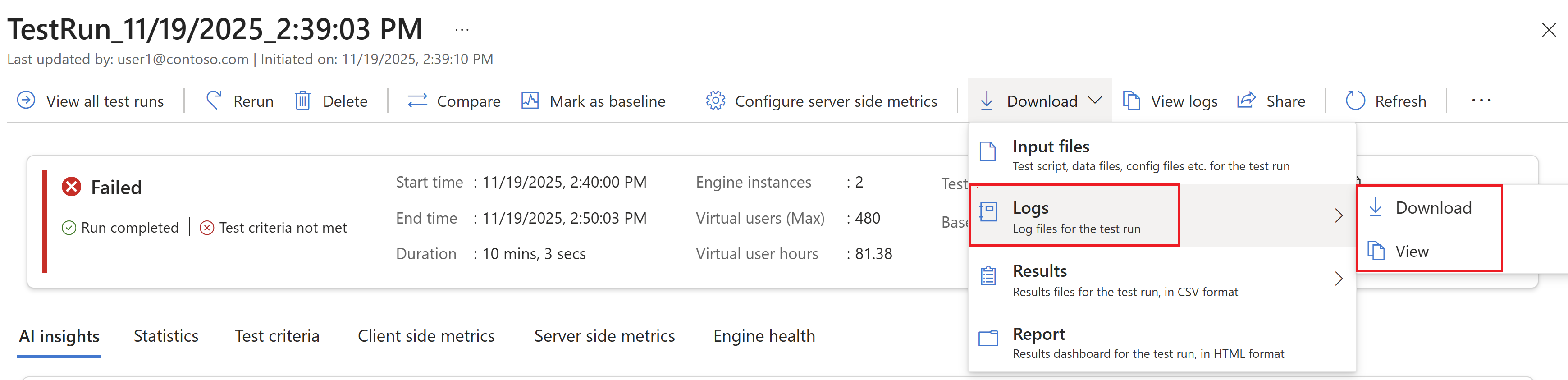 Képernyőkép arról, hogyan töltheti le a teszt naplófájljait a tesztfuttatás részleteinek oldaláról.