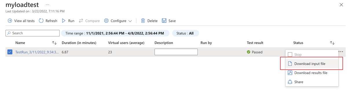 Képernyőkép, amely bemutatja, hogyan tölthet le bemeneti fájlokat egy teszthez.
