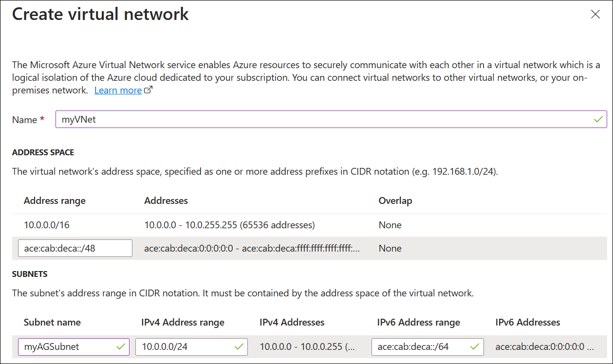 Képernyőkép az új application gateway létrehozásáról: virtuális hálózat.