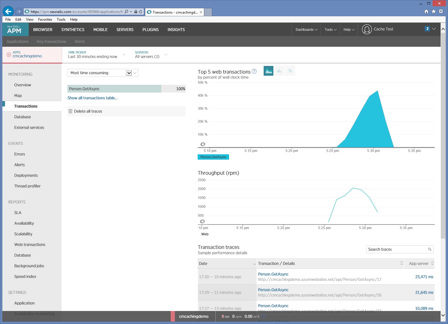 A New Relic által ábrázolt kiszolgálói kérések a CachingDemo alkalmazáshoz