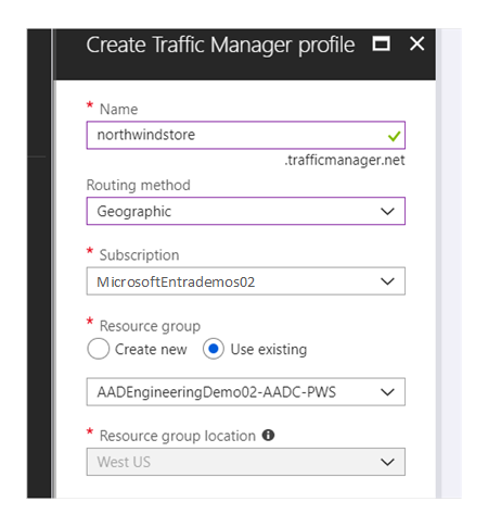 Erőforráscsoportok a Traffic Manager-profil létrehozása során