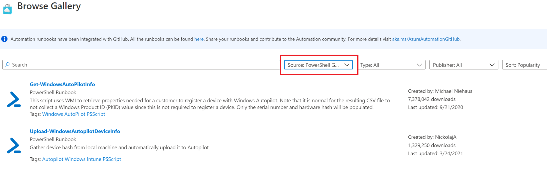 Runbook-katalógus forráskijelölésének megjelenítése.