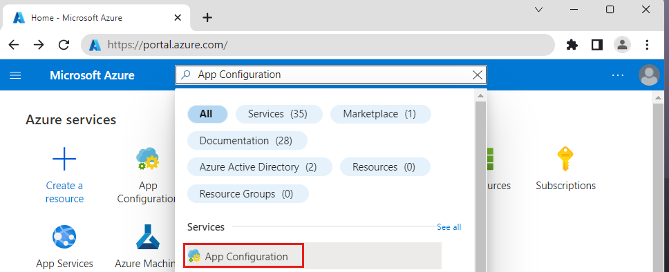 Képernyőkép a Azure Portal, amely a keresősávon jeleníti meg a App Configuration szolgáltatást.