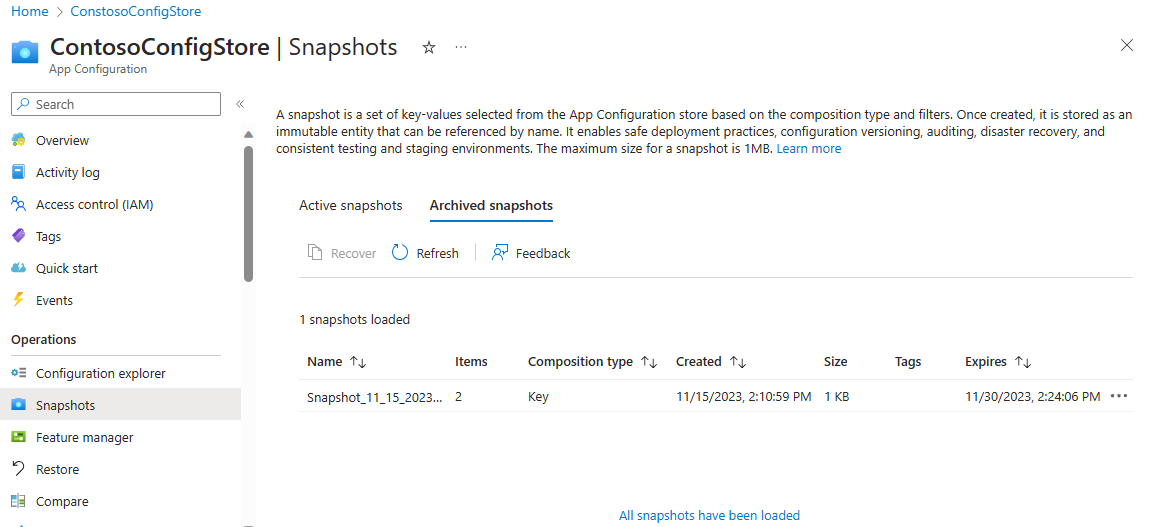 Képernyőkép az archivált pillanatképek listájáról.