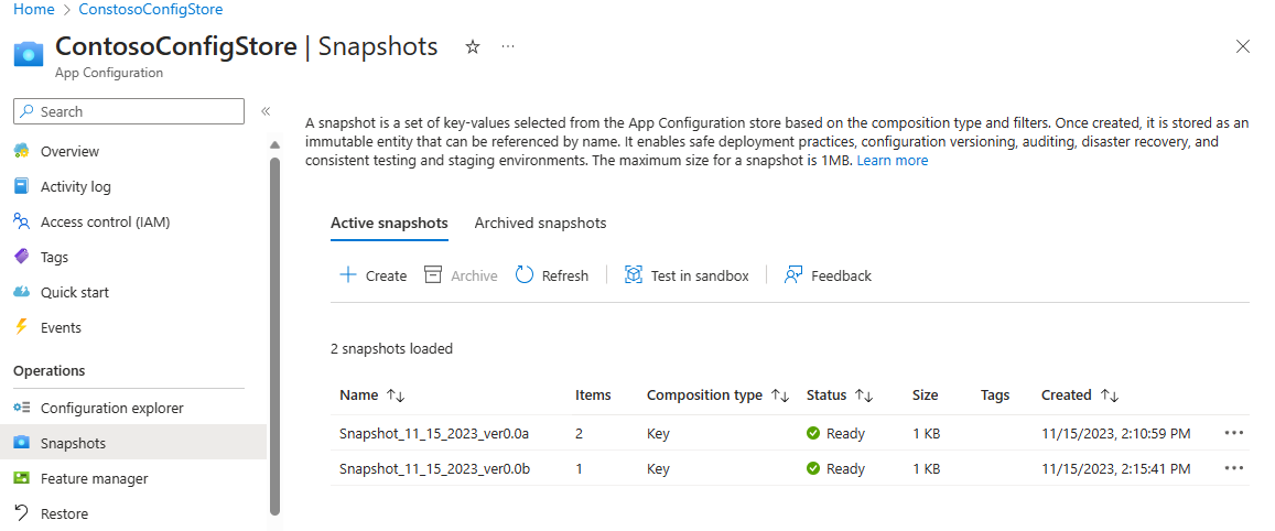 Képernyőkép az aktív pillanatképek listájáról.