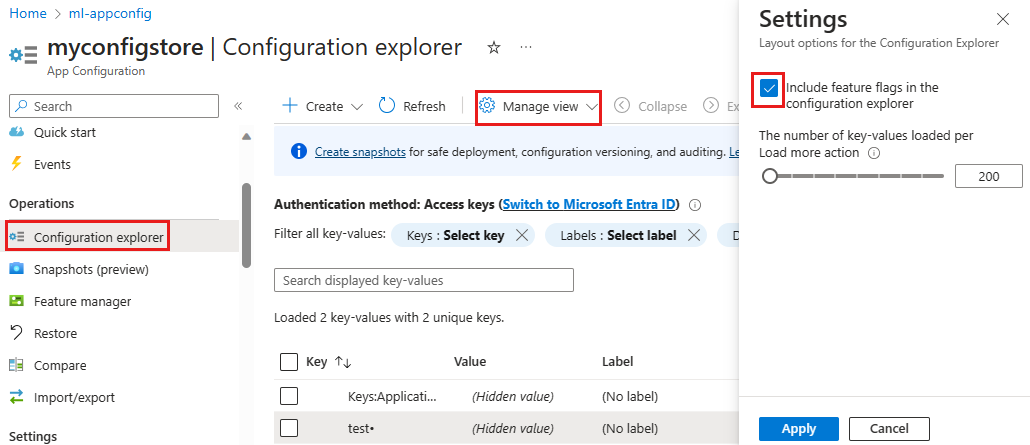 Screenshot of the Azure platform. Include feature flags in Configuration explorer.