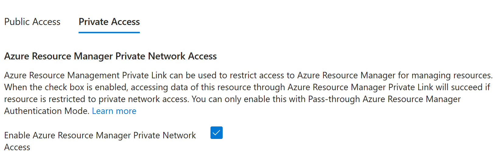 Az Azure Resource Manager Privát hozzáférés engedélyezése jelölőnégyzetet ábrázoló képernyőkép.