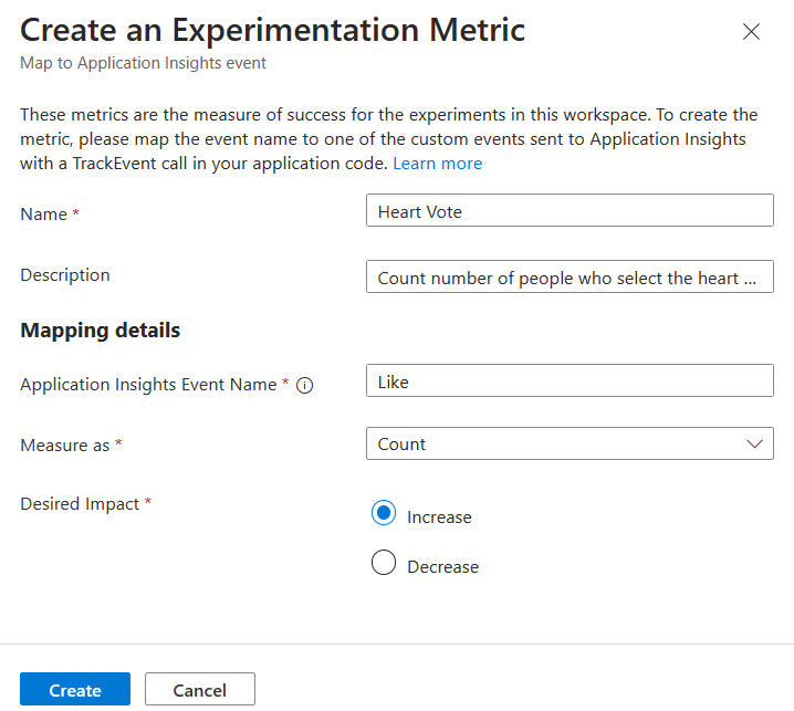 Képernyőkép az Azure Portalról, új kísérletezési metrikák létrehozásával.