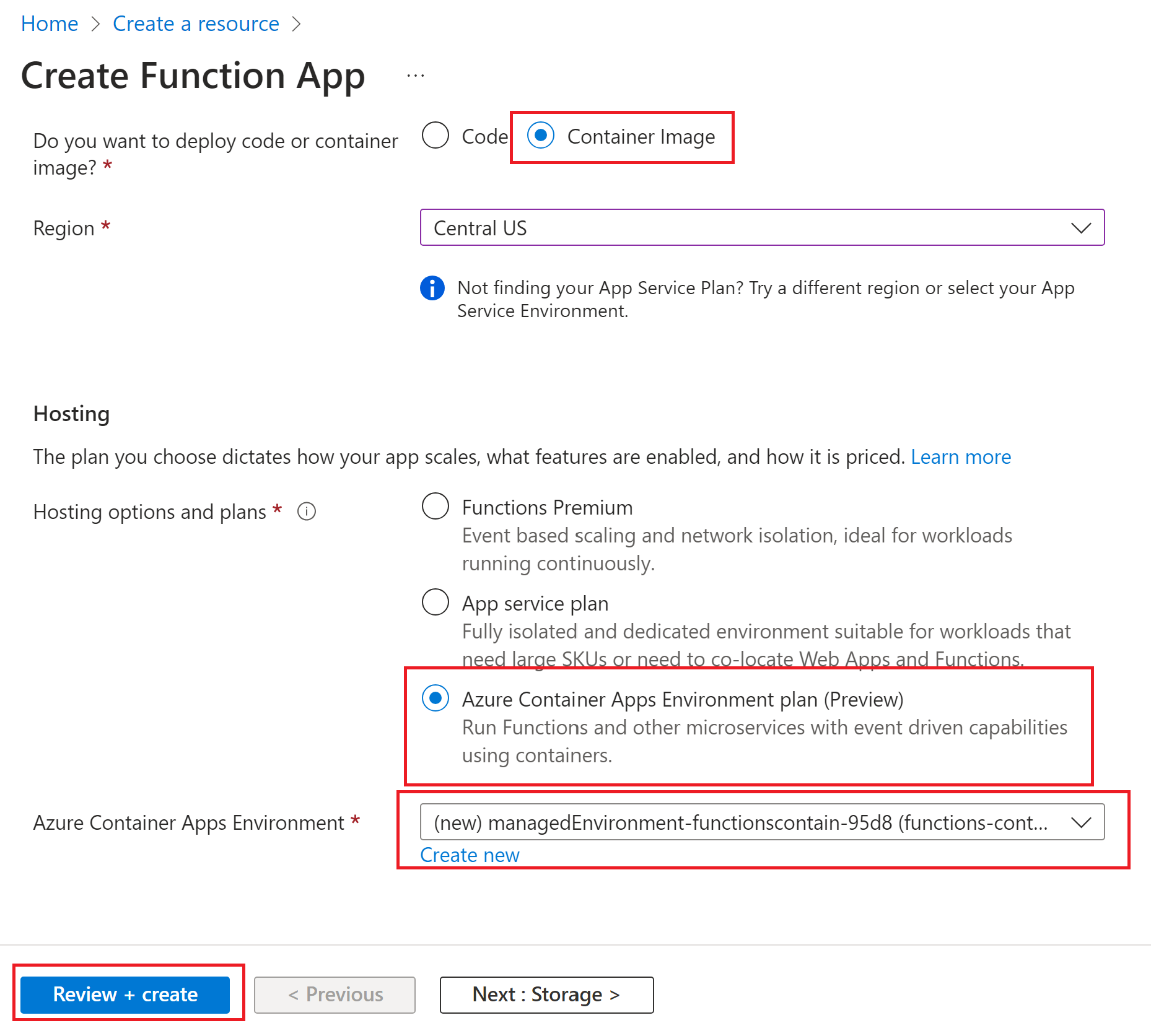 Portal create Basics tab for a containerized function app hosted in Azure Container Apps.