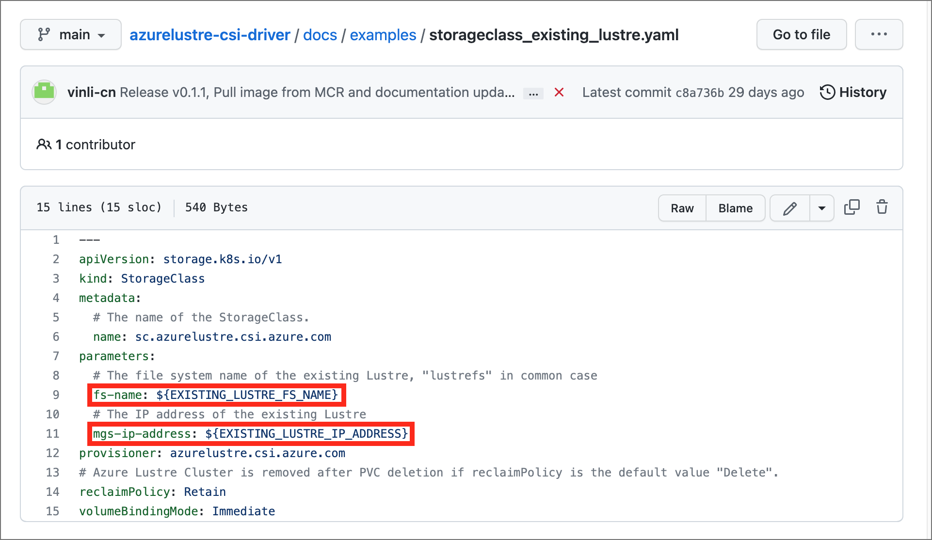 Képernyőkép a storageclass_existing_lustre.yaml fájlról, kiemelve a lecserélendő értékekkel.