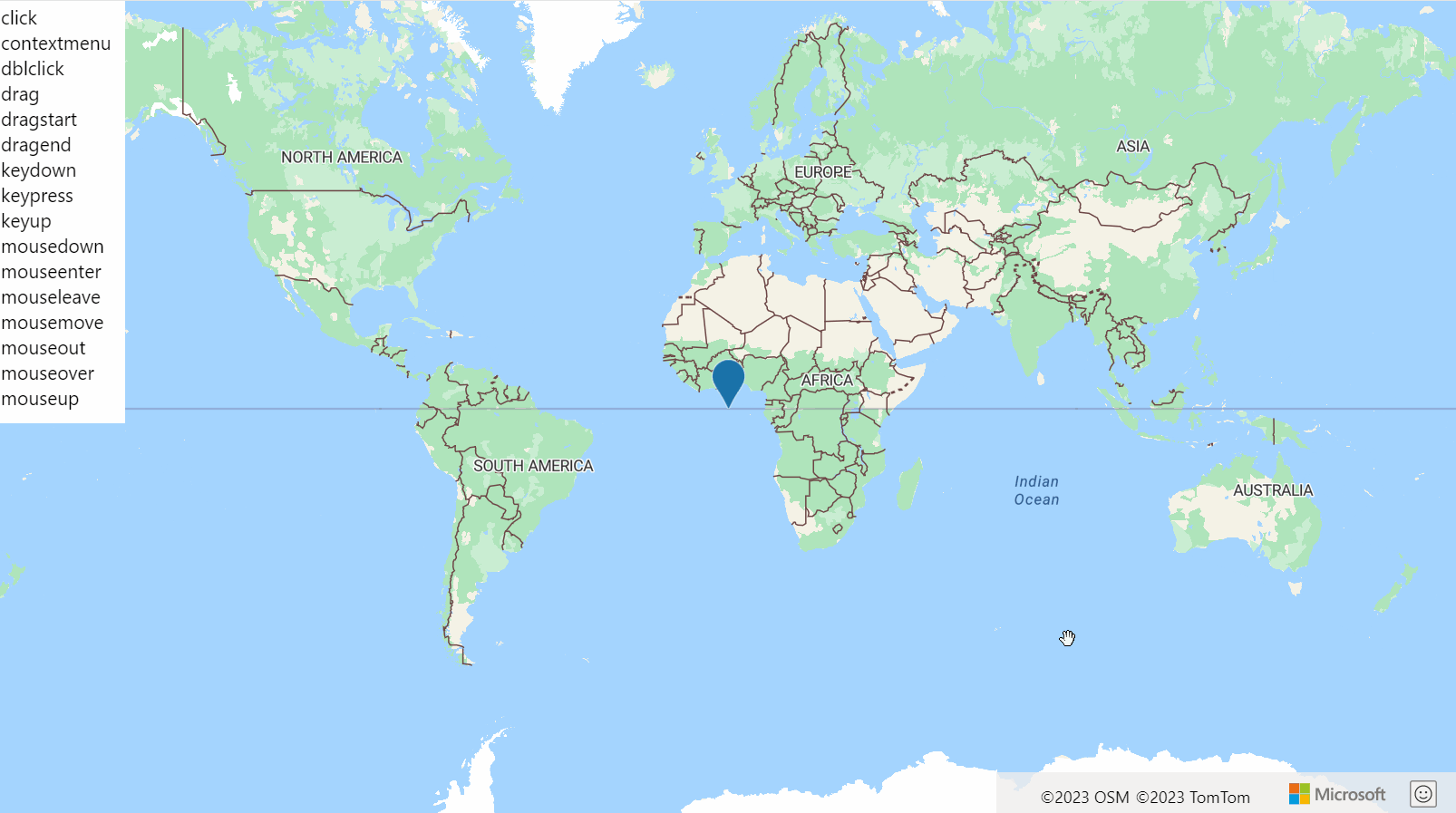 Képernyőkép a világ térképéről egy HtmlMarkerrel és a HtmlMarker-események listájával, amelyek zöld színnel jelennek meg, amikor az esemény kigyullad.