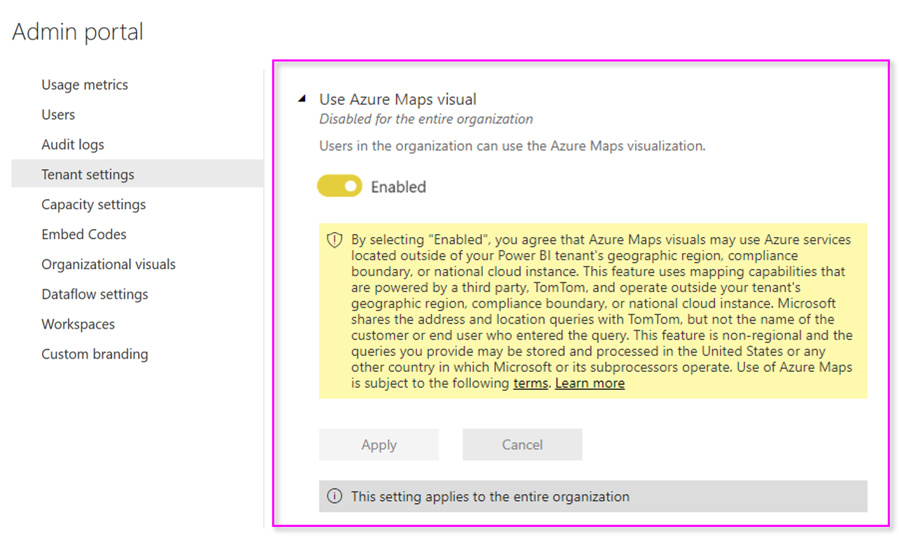 A Power BI felügyeleti portálja a Azure Maps vizualizáció bérlői beállításait jeleníti meg.