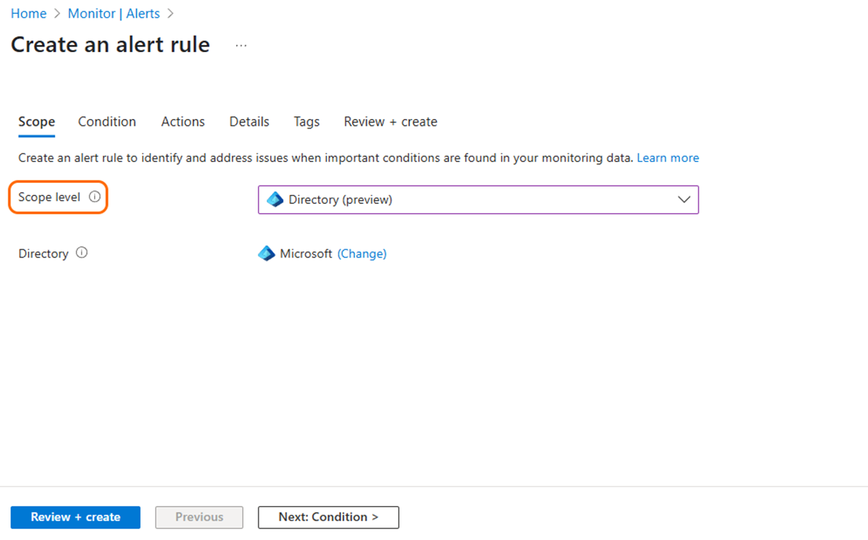 Képernyőkép a bérlői szintű riasztási felületről az Azure Portal 2. képernyőképén